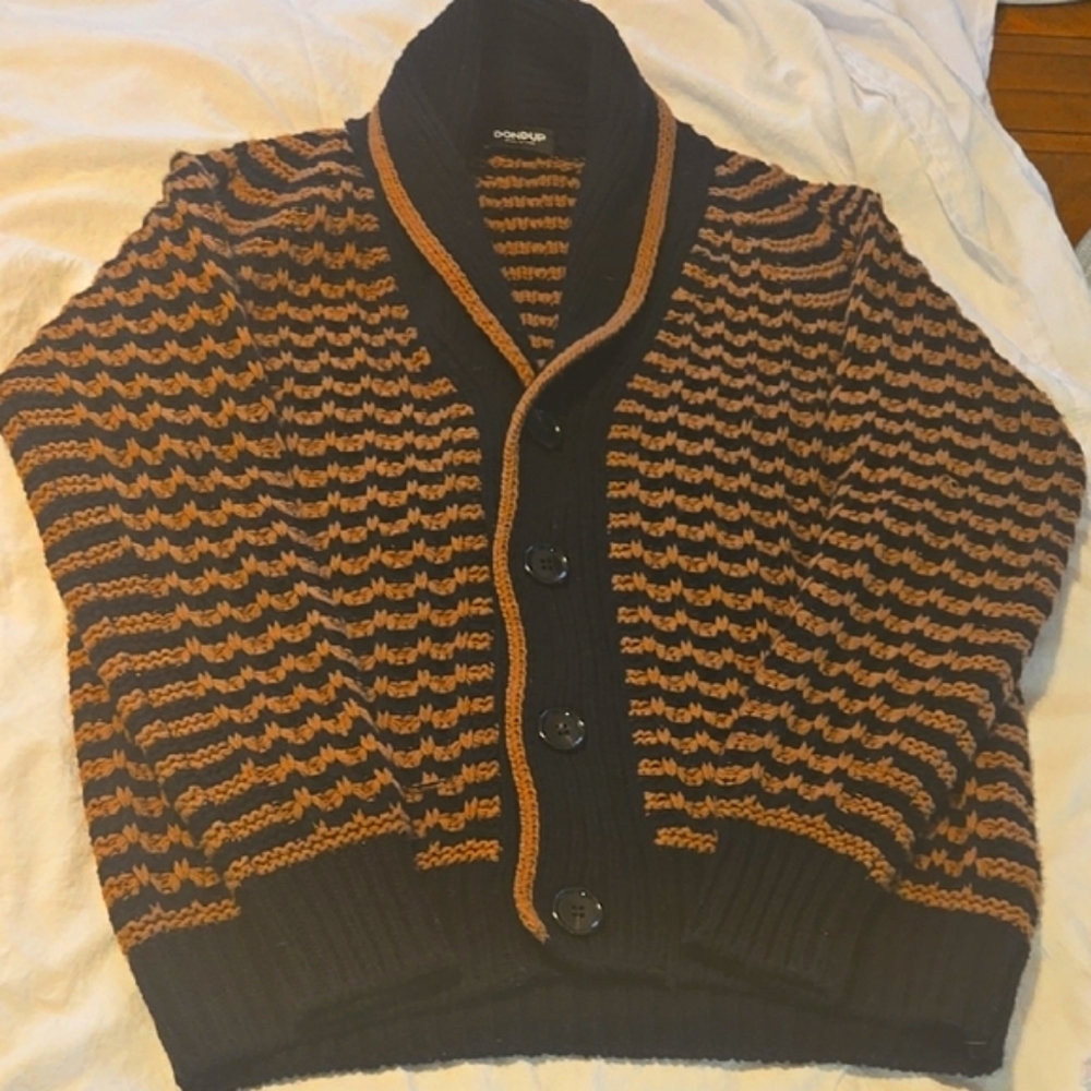 DONDUP Men's Black and Brown 100% Extra Fine Merino Wool Shawl Cardigan
